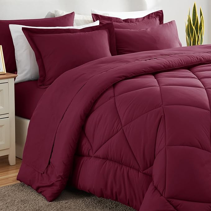 CozyLux Oversized Queen Comforter Set Burgundy - 7 Pieces Bed in a Bag Comforter Set with Sheets, Luxury Soft Bed Set, Bedding Set with Down Alternative Comforter, Sheets, Pillowcases & Shams, Red
