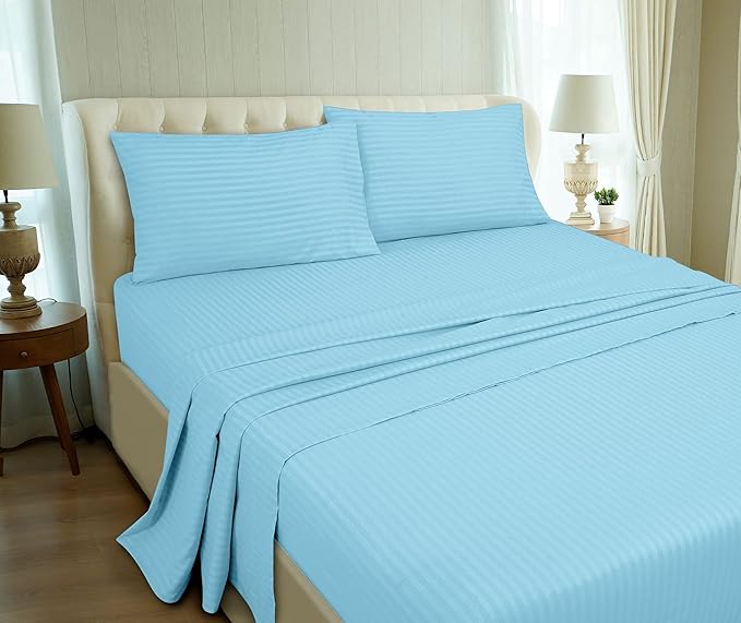 ROYALE LINENS 3 Piece Twin Sheets Set - Soft Brushed 1800 Microfiber - 1 Fitted, 1 Flat Sheet, 1 Pillow case - Wrinkle Free & Fade Resistant - Hotel Luxury Bed Sheets (Stripe Lake Blue, Twin)