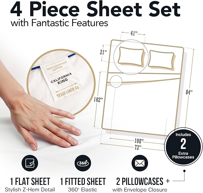 TEXAS LINEN CO. 100% Egyptian Cotton Sheets California King Size - 1500 Series 4 PC Cal King Sheets Egyptian Cotton, Soft, Cooling Sateen Sheet, High Series Sheet California King - Beige