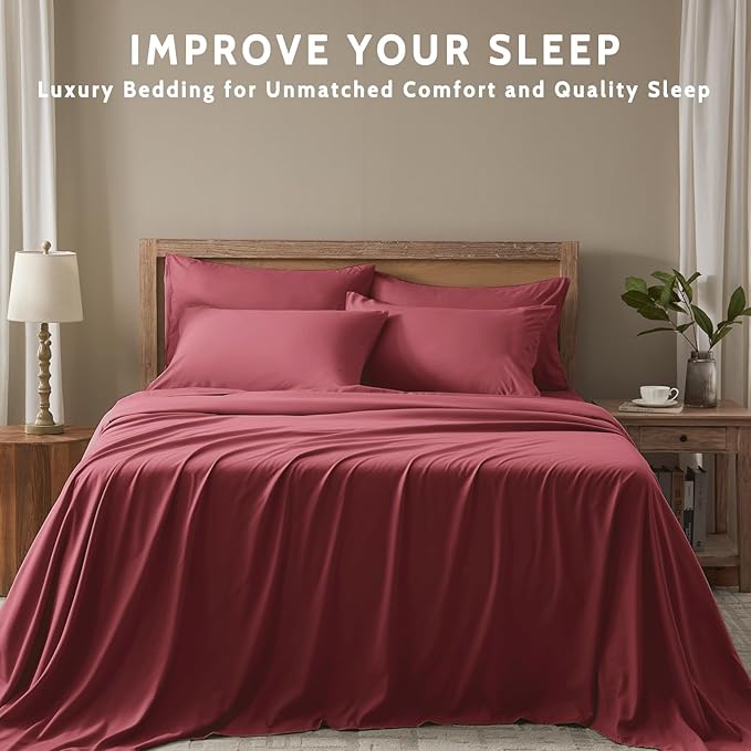 Twin Sheets Set - 4 Piece Soft Microfiber and Wrinkle Free Sheets - Easy Care, Extra Soft, Cooling Sheets - 1 Deep Pocket Fitted Sheet 1 Flat Sheet and 2 Pillowcases (Twin Burgundy)