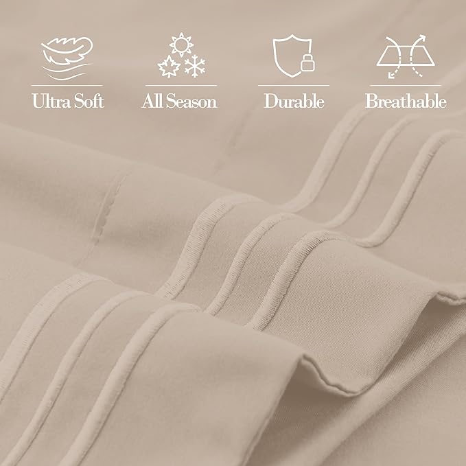 Mocassi 2-Piece Premium Standard/Queen Pillowcase Set 1800 Series Hotel Quality Microfiber - Soft and Breathable with 3-Line Embroidery Wrinkle and Stain Resistant, Easy Care, 20" x 30", Cream