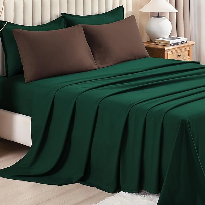 Litanika Full Comforter Sets Brown Emerald Green- 7 Pieces Bed in a Bag Beddding Sets, Solid Lightweight Bed Set with Comforter, Sheets, Pillowcases & Shams