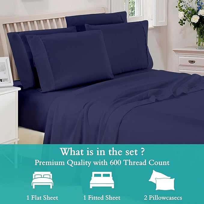 King 4 Pc Sheet Set 600 TC Egyptian Cotton Sheets King Size Cotton Sheets for King Size Bed Sateen Long Staple Deep Pockets Flat Fitted Pillow Case Better Than Percale Navy Blue
