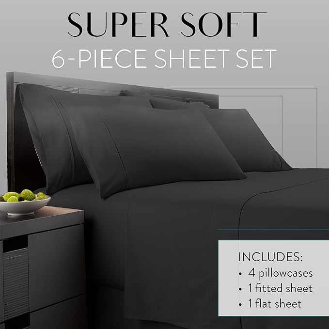 Danjor Linens Bed Sheet Set Full Size for Teens, Hotel Premium Sheets with 4 Pillowcases, Lightweight Brushed Microfiber Deep Pockets, Breathable Cooling 6 Piece Bedding Sets, Black
