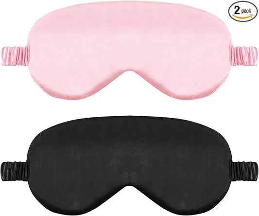 2 Pack Sleep Mask Silk Eye Mask Cover for Sleeping, Soft Satin Blindfold with Elastic Strap, Blocks Light and Reduces Puffy Eyes, Comfortable Night Sleeping Mask for Women Men (Black&Pink)