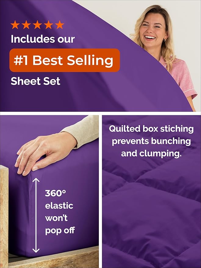 King Comforter Set - 3 Piece Bed Set for All Seasons - 1 Soft Quilted Comforter w/ Corner Tabs & 2 Pillow Shams - Comfy, Cozy & Breathable - Premium Down Duvet Insert - Oeko-TEX - King Size, Purple