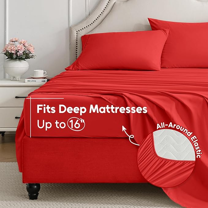 King Size Sheets Set, 4 Pieces Hotel Luxury Soft Microfiber Bed Sheets Set, Up to 16" Deep Pockets, Oeko-Tex Sheets with Elastic, Breathable, Wrinkle Free (Red, King)