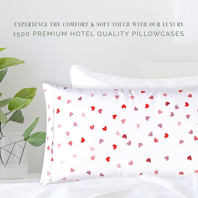 Elegant Comfort Ultra Soft Set of 2 Hearts Print Pillowcases - 1500 Premium Hotel Quality Microfiber, Soft and Smooth Envelope Closure 2-Piece Pillow Covers - King, Valentina