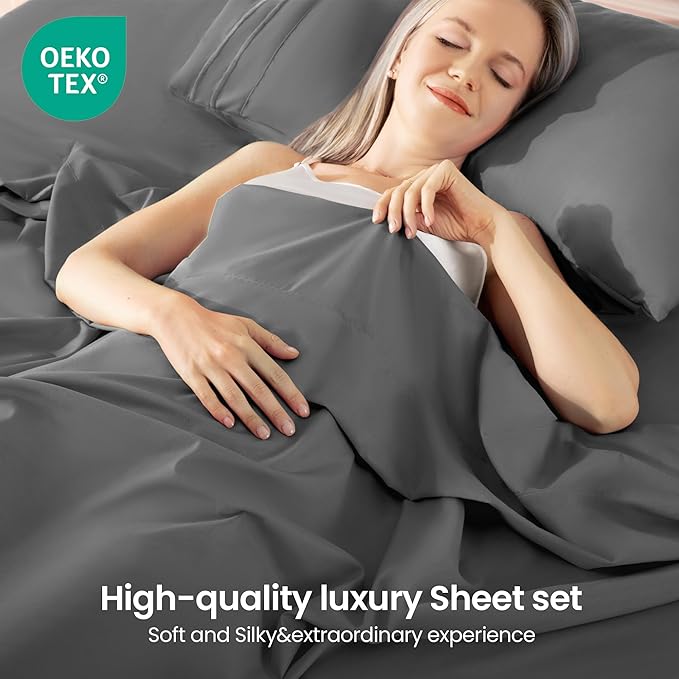 ROSE&RISY Dark Grey Queen Sheet Set, 4 Pieces Soft Bedding Queen Sheet Set, Breathable and Cooling,Includes 1 Fitted, 1 Flat, 2 Pillow Cases - Deep Pocket(Dark Grey, Queen)