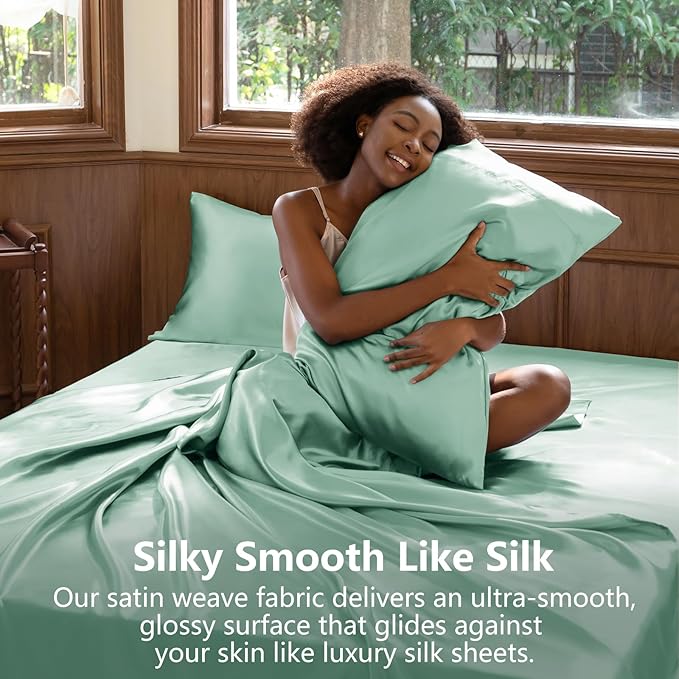 CozyLux Satin Sheets Full Size Sheets - 4 Piece Silky Full Size Bed Sheets, Luxury Aqua Full Bed Set with Smooth and Soft Microfiber, Includes 1 Fitted Sheet, 1 Flat Sheet and 2 Pillowcases
