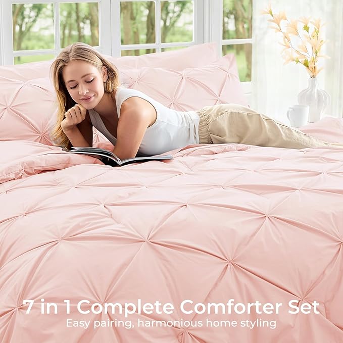 Sasttie Queen Comforter Set, 7-Piece Bed in a Bag, Pintuck Bedding Sets for All Season, Includes Comforter, Flat Sheet, Fitted Sheet, Pillowcases and Pillowshams, Blush Pink