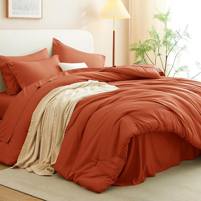 CozyLux King Size Comforter Set Burnt Orange, 7 Pieces Fall Bed in a Bag King Comforter Set with Sheets, Terracotta Luxury Soft Bedding Set with Down Alternative Comforter, Sheets, Pillowcases & Shams