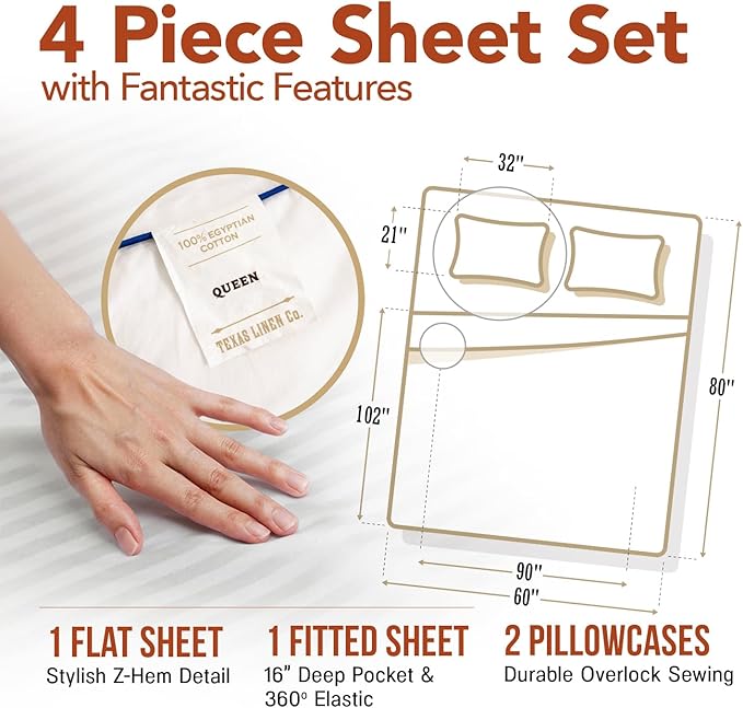TEXAS LINEN CO. Luxury Egyptian Cotton Queen Size Sheet Set - Texan Talkin' Damask 600 Series 4 PC Deep Pocket Fitted and Flat Sheets, Cooling Extra Long Staple Sateen Hotel Bedding - White Stripe