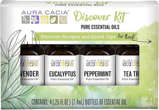 Aura Cacia Discover Essential Oils Kit, 4-Pack, Lavender, Eucalyptus, Peppermint & Tea Tree Oils, Excellent Starter Set