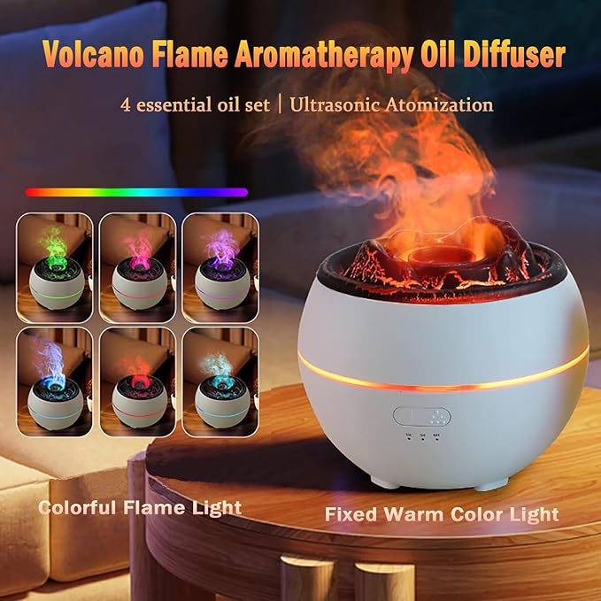Volcano Essential Oil Diffuser, Volcano Flame Aromatherapy Diffuser, 7 Colors Fire Light & 4 Essential Oils, 360ml Auto-Off Cool Mist Ultrasonic Humidifier/Diffuser for Home Party Holiday