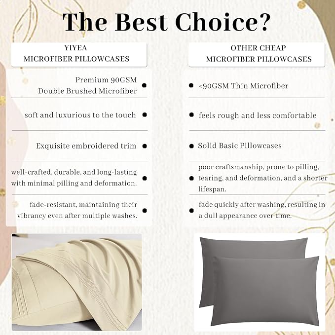 YIYEA Pillow Cases Queen Size Set of 2, Ultra Soft Double Brushed Microfiber Pillowcases, Hotel Quality Embroidered Bed Pillow Covers Queen, Fade Resistant, Easy Slip-On (20"x30", Cream)