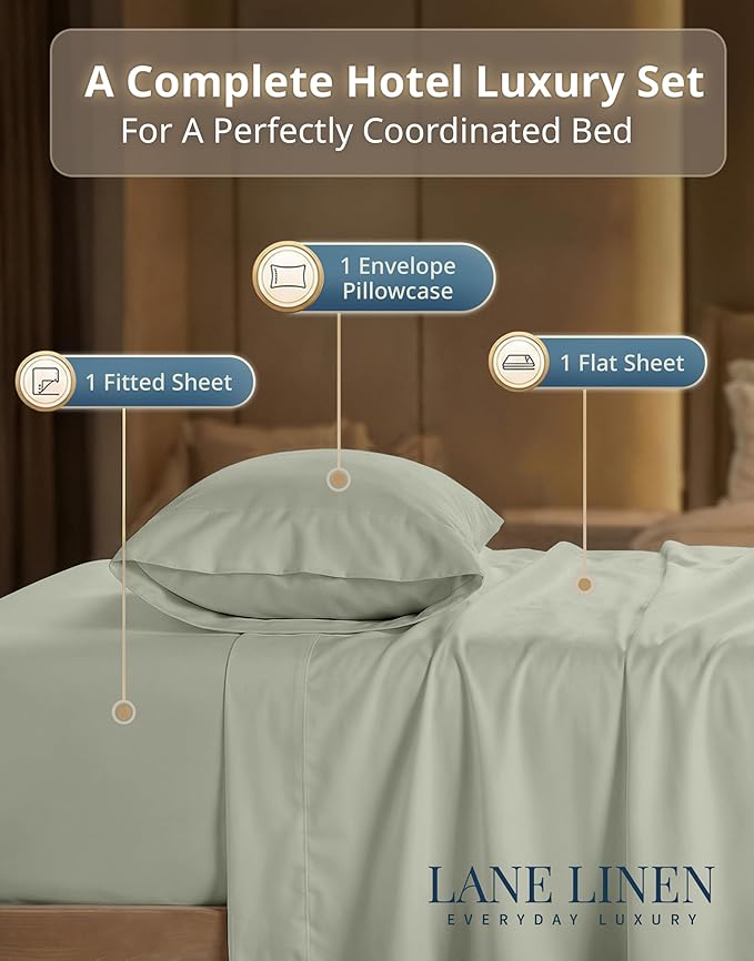 LANE LINEN 100% Cotton Twin XL Sheets Set - 600 Thread Count Premium Sateen Weave for Silky Feel On Skin - Breathable & Cooling Sheets for College Dorms & Single Beds - Oeko Tex Certified - Mineral