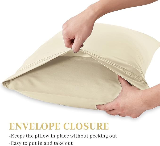 YIYEA Pillow Cases Queen Size Set of 2, Ultra Soft Double Brushed Microfiber Pillowcases, Hotel Quality Embroidered Bed Pillow Covers Queen, Fade Resistant, Easy Slip-On (20"x30", Cream)