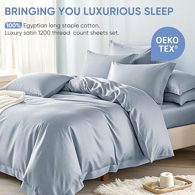 TWK 1200 TC 100% Egyptian Long-Staple Cotton Bedding Sheets Set, Luxury Hotel Style Deep Pocket with Elastic Reinforced Seams Sheet Set, Soft & Comfy Natural Sheets (French Blue, Full)