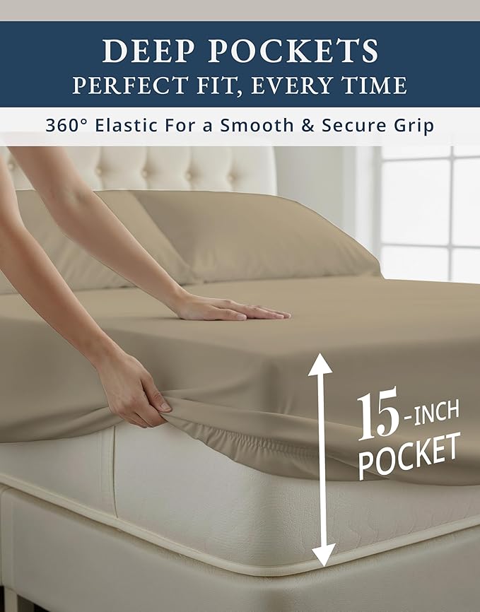 LANE LINEN 100% Egyptian Cotton Bed Sheets California King Size, Soft & Comfy Sateen Weave No Pill Fade Resistant Cal King Bedding Set, Machine wash 15'' Deep Pocket - Linen