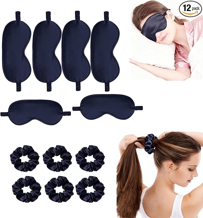 12Pcs Silk Sleep Masks Satin Eye Mask Silky Eyes Cover Blindfold Eyeshade Hair Ties Scrunchy Travel Bridesmaids Gifts