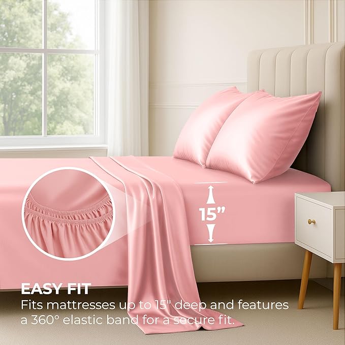 Satin Sheets California King [4-Piece, Pink] Luxury Silky Bed Sheets - Extra Soft 1800 Microfiber Sheet Set, Wrinkle, Fade, Stain Resistant - Deep Pocket Fitted Sheet, Flat Sheet, Pillow Cases