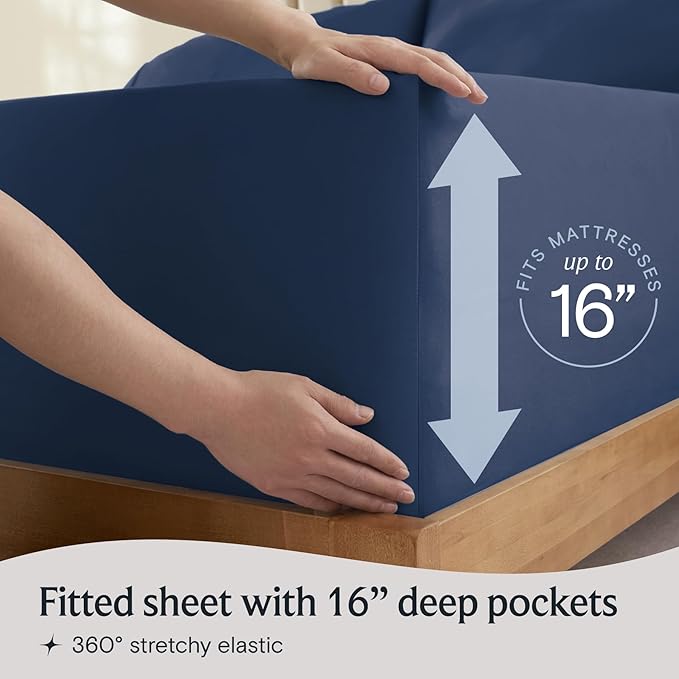 LuxClub 4 PC California King Sheet Set, Breathable Luxury Bed Sheets, Deep Pockets 18" Wrinkle Free Cooling Sheets Machine Washable Hotel Bedding Silky Soft - Navy Cal King