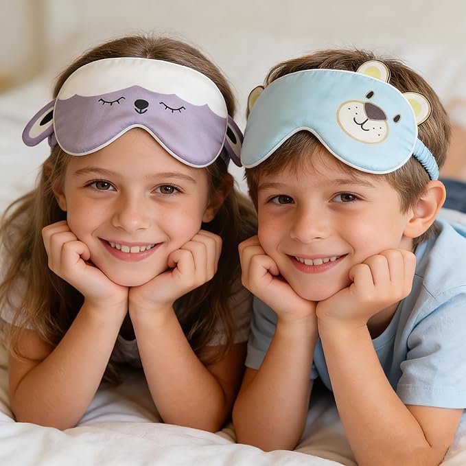 Orose Kids Silk Sleep Mask Cute Adjustable Original Design for Boys & Girls, Double-Sided Mulberry Silk, Cartoon Pattern, Toddler Eye Mask (Cat)