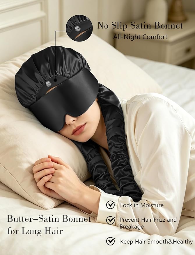 Satin Bonnet for Sleeping with Eye Mask，No Slip Sleep Bonnet with Long Curling Ribbons for Braids & Long Hair