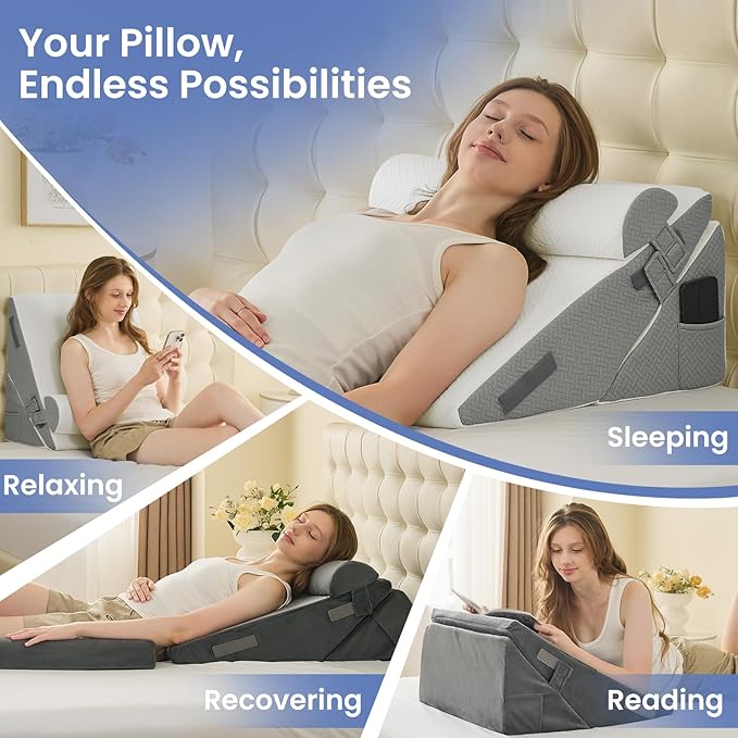 Sasttie Wedge Pillow Set for After Surgery, 3PCS Adjustable Bed Wedge Pillow Headboard with Memory Foam Neck Cushion – for Acid Reflux, Sleeping, Neck & Back Support, Velvet & Light Grey