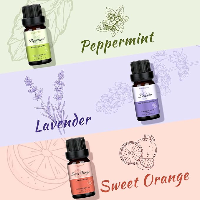 WUSEONY Top 6 Natural Aromatherapy Oils Gift Set, Essential Oils for Diffusers Home, Fragrance Oil Scent for Candle Soap Making - Lavender, Peppermint, Eucalyptus, Lemongrass, Sweet Orange, Clove