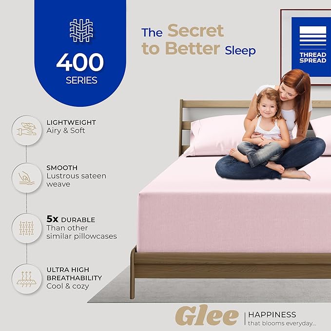 Thread Spread 100% Cotton Pillow Cases Queen Size Set of 2 - Luxury 400 Series Glee Collection Queen Pillow Cases (Blush), Soft Cooling Breathable Hotel Cotton Pillowcases, Fits Standard Pillows