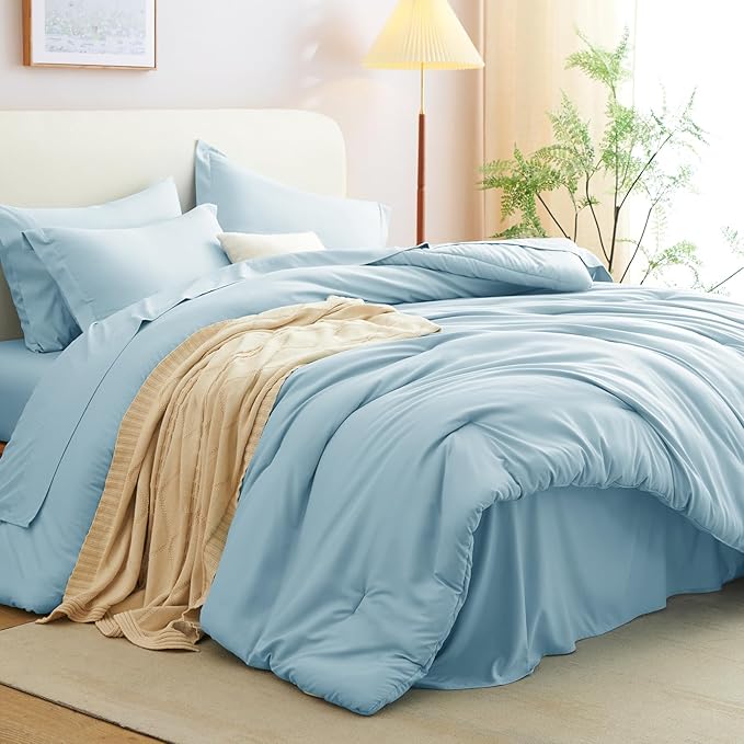 CozyLux King Size Comforter Set Light Blue, 7 Pieces Bed in a Bag King Comforter Set with Sheets, Luxury Bedding Sets with Down Alternative Comforter, Fitted Sheet, Flat Sheet, Pillowcases & Shams