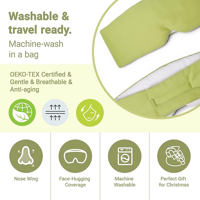 Reversible Full-Cover Meadow Mint White Cotton Eye Mask for Sleep, Adjustable Breathable Wrap, Lightweight Total-Dark Blindfold for Sleep Travel, Holiday Gift Kit for Women Girl Men Adults