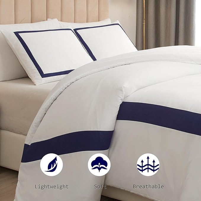 OSVINO Queen Duvet Cover Set - Hotel Collection Navy Blue Line Pattern Microfiber Bedding, 3 Pieces with Pillowcase, Soft Breathable with Zipper Closure, Lightweight All-Season, Comforter Not Included