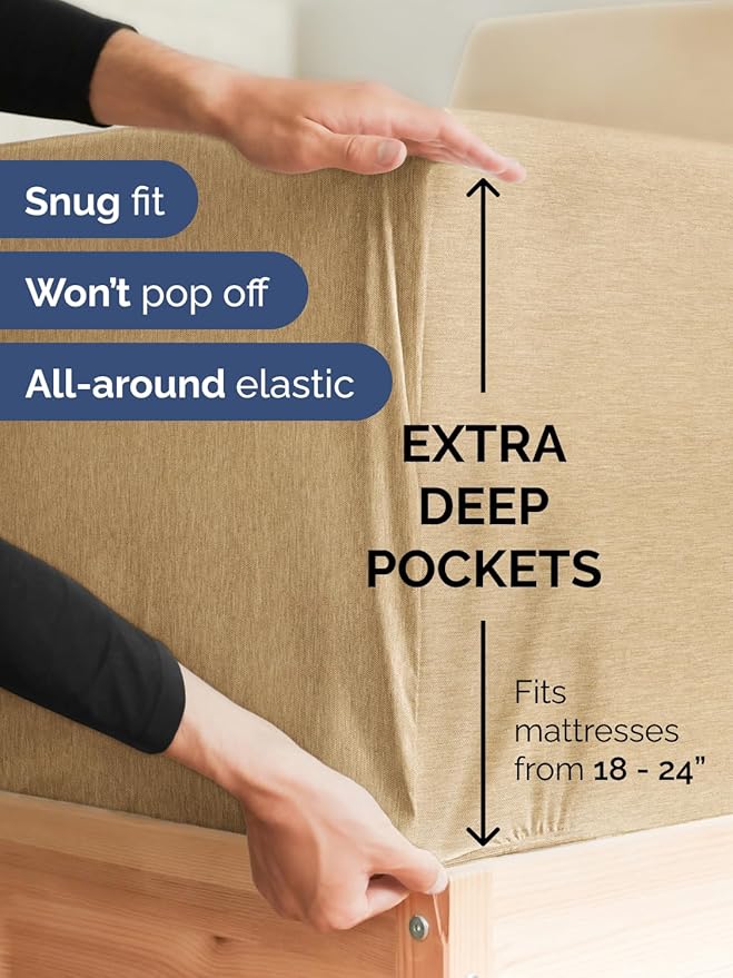 Extra Deep Split King Sheet Set - 5 Piece Breathable & Cooling Bed Sheets - Easily Fits 18 to 24 inch Mattress - Soft, Wrinkle & Fade Free w/ Extra Deep Pockets - Hotel Luxury Bedding - Heathered Tan