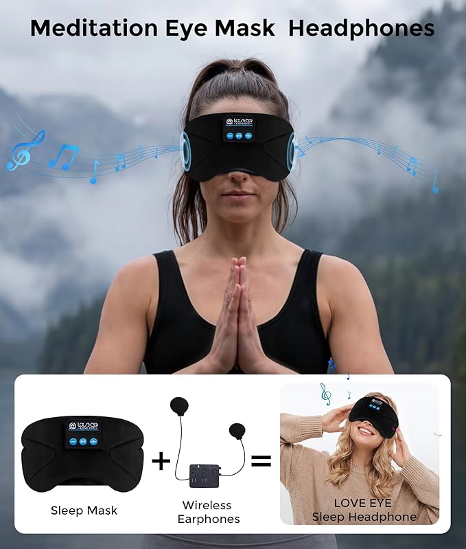 LOVE EYE Sleep Headphones Bluetooth 5.4 Sleeping Eye Mask Wireless Music Earphones with HD Speakers for Side Sleepers Total Blackout Cotton Mask for Travel, Office, Unique Gifts (Black)