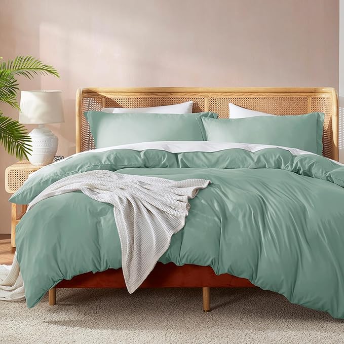 Nestl California King Duvet Cover Set with Comforter Insert - Sage Green 4 Piece 104x98 Duvet Cover & 2 Pillow Shams with White Quilted Down Alternative Comforter, Ultra Soft, All Season