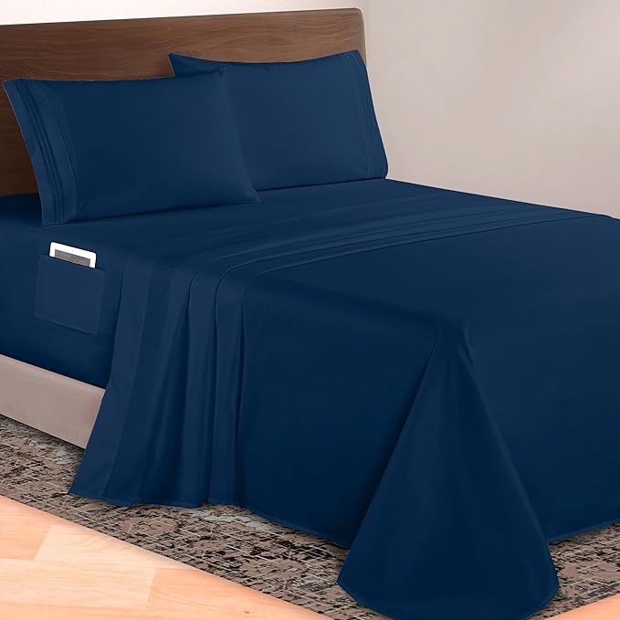Elegant Comfort Luxurious 1500 Premium Hotel Quality Microfiber 4-Piece Sheet Set, 18-24 Inches Deep - Extra Deep Pocket Sheets - Ultra Soft 4PC Deep Pocket Sheets, Queen, Navy Blue