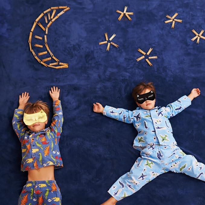 Cute Cat Sleep Mask for Kids (Golden&Black), 2 Pack Silk Sleeping Eye Cover Adjustable Mask Night Eyeshade Cover for Girls Boys Women Men Sleep Travel Party