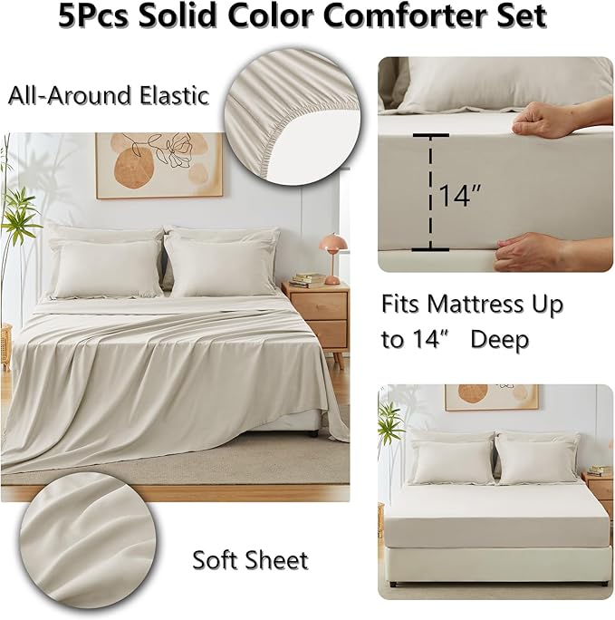 CozyLux Twin XL Comforter Set Beige, 5 Pieces Bed in a Bag Twin Extra Long Comforter Set with Sheets for College Dorm, Luxury Bedding Sets with Down Alternative Comforter, Sheets, Pillowcase & Sham
