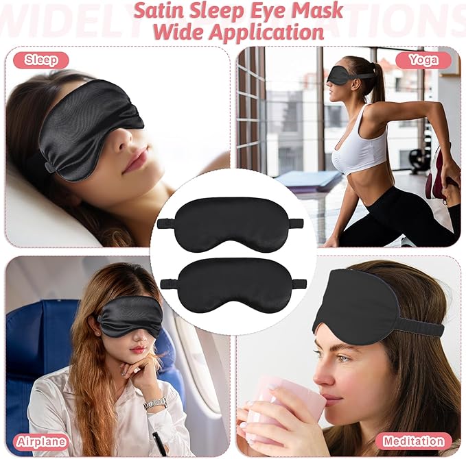 2 Pack Silk Sleep Mask Adjustable Silk Eye Mask for Sleeping Soft Sleeping Eye Shade Cover for Women Men Soft Blackout Eye Mask Satin Blindfold with Elastic Strap for Travel & Home-Black