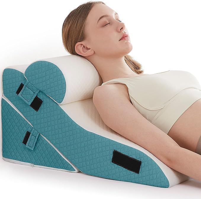 Bed Wedge Pillow Set for Sleeping 3 PCS - 16.5" Wide Triangle Pillow for Back Leg Pain Relief with Washable Cover - 35D Foam Wedge Pillow Post Surgery for Acid Reflux & Snoring (White Blue)
