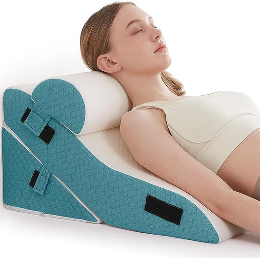 Bed Wedge Pillow Set for Sleeping 3 PCS - 16.5" Wide Triangle Pillow for Back Leg Pain Relief with Washable Cover - 35D Foam Wedge Pillow Post Surgery for Acid Reflux & Snoring (White Blue)