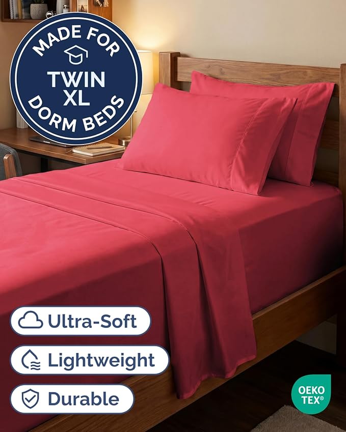 Extra Deep Twin XL Sheet Set - 4 Piece Breathable and Cooling Sheets - Hotel Luxury Bedding for Women, Men, Kids & Teens - Easy & Secure Fit - Soft, Wrinkle Free and Comfy - Extra Deep Pockets - Red