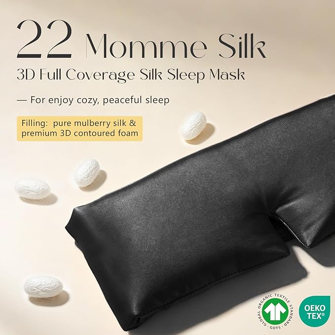 ZIMASILK 22 Momme 100% Mulberry Silk Sleep Mask for Women Sleeping, 3D Contoured Cup Eye Mask for Lash Extensions, Super Soft & Breathable, Blackout Blindfold for Nights (Black)