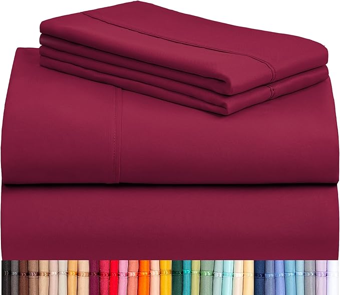 LuxClub Twin XL Sheets - Soft Twin Bed Sheets for-Boys-and-Girls-3 PC Deep Pockets 18" Eco Friendly Wrinkle Free-Kids-Fitted Sheets Machine Washable Hotel Bedding Silky Soft - Burgundy Twin XL