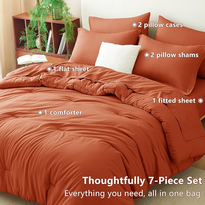 CozyLux King Size Comforter Set Burnt Orange, 7 Pieces Fall Bed in a Bag King Comforter Set with Sheets, Terracotta Luxury Soft Bedding Set with Down Alternative Comforter, Sheets, Pillowcases & Shams