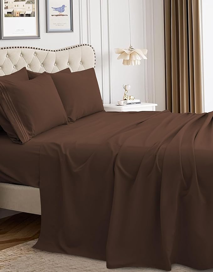 Mocassi Luxury Full 4-Piece Sheet Set - 1800 Premium Hotel Quality - Easy-Fit, Wrinkle, Fade Resistant Bed Sheets and Pillowcases - All Around Elastic Fitted Sheet, Deep Pocket, Brown