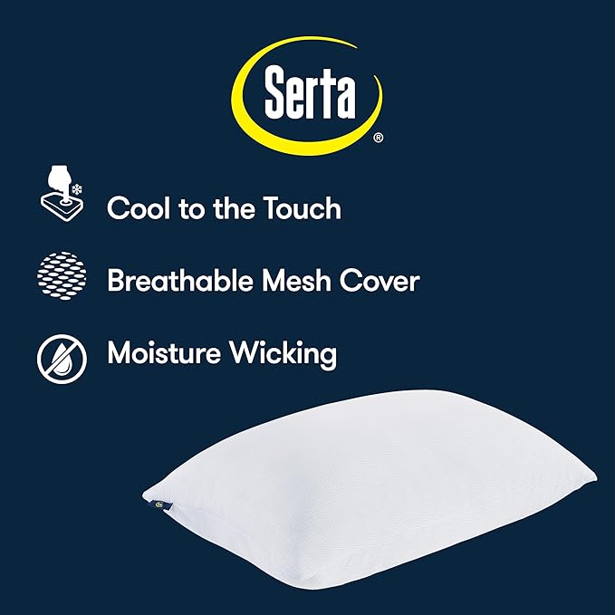 Serta Won't Go Flat Standard/Queen Size Set of 2 Down Alternative Cooling Bed Pillows, Extra Life Foam Core with Medium Support, Perfect for Back, Stomach or Side Sleepers, White